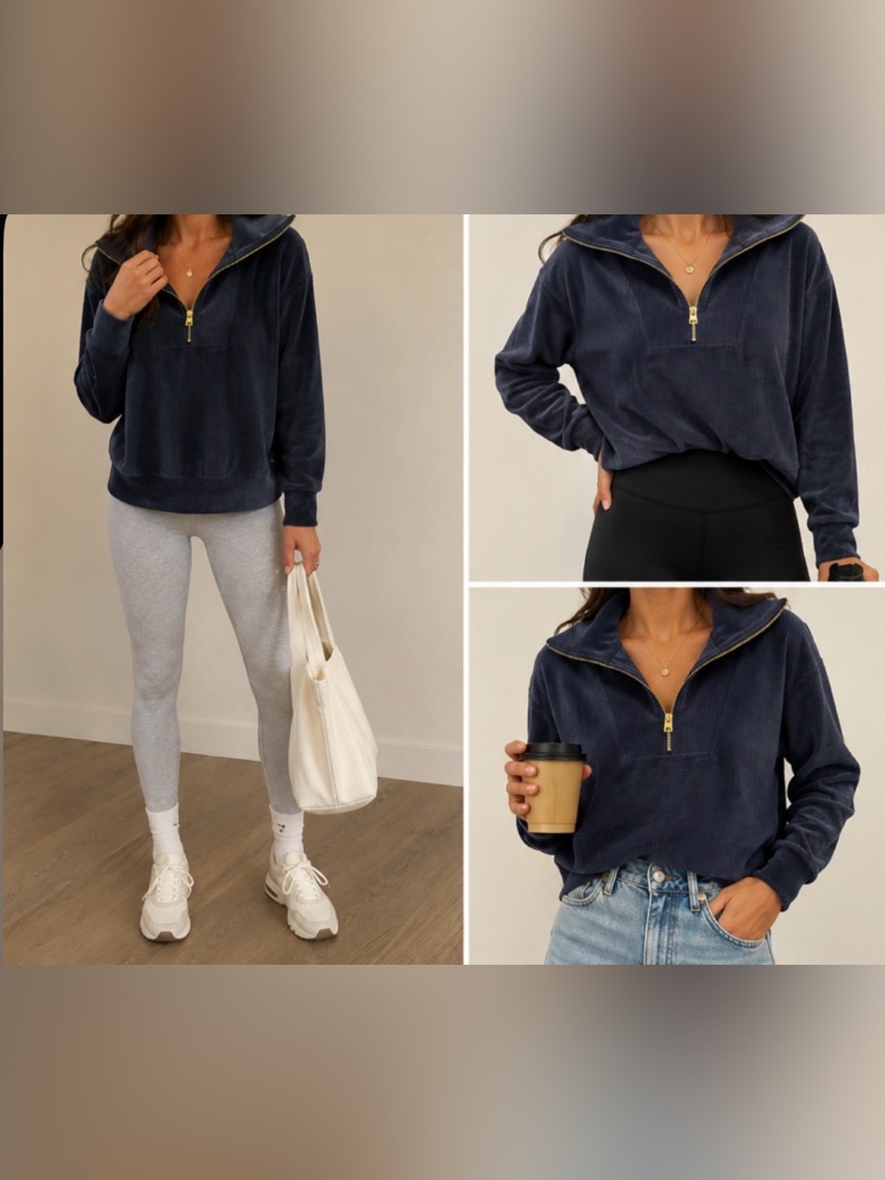 HALSTON Navy Corduroy Quarter Zip Pullover Gold Tone Zipper Size S
